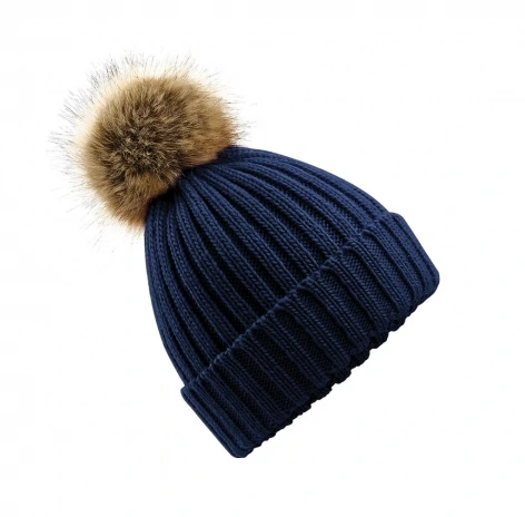 Women’s faux-fur pom-pom hat (navy)